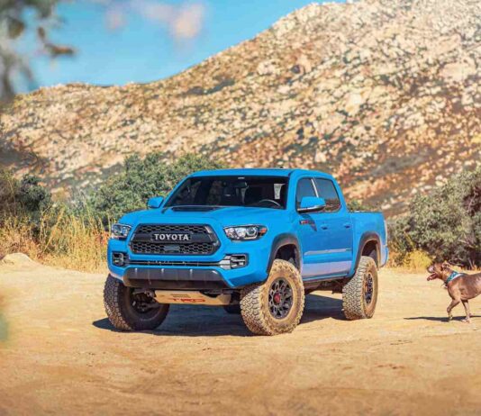 blue toyota tacoma in the desert